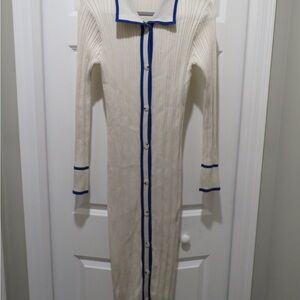 Elegant White Midi Dress with Blue Accents